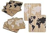 4 sous-verres en bois avec impression de mappemonde