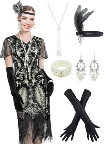 Image of Women 1920s Gatsby Vintage Sequin Flapper Fringe Party Plus Dress with 20s Accessories Set