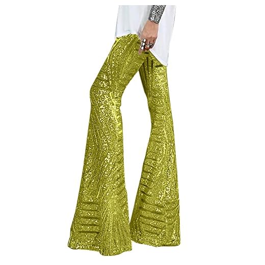 Women’s Shiny Sequin Flare Pants, High Waist Wide Leg Sparkle Bell Bottoms, 70s Disco Pants Outfits Glitter Bling Flare Leggings Rave Outfits (Gold, M)