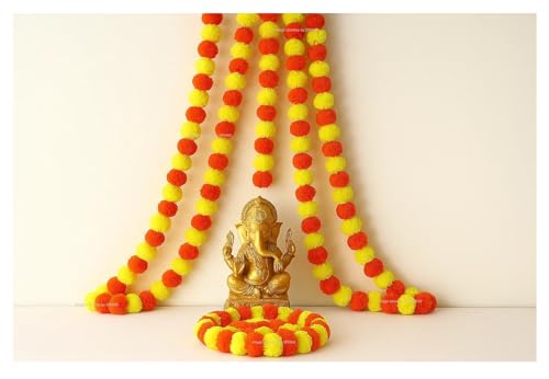 Image of SPHINX Artificial Marigold Fluffy Flowers Garlands for Decoration - Pack of 5 (Yellow and Dark Orange.)