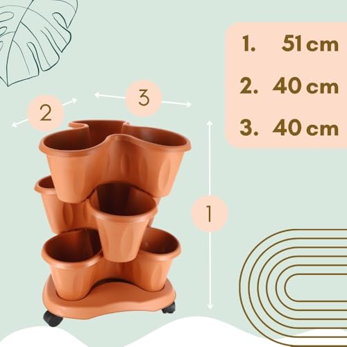 Pflanzturm Erdbeerturm 3er Set Säulentopf Stapelbar Kräuterspirale 3 Stöckiger Blumentopf Vertikaler Garten Kräutergarten Hochbeet Pflanzkübel mit Rollen Terracotta