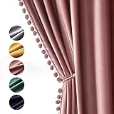 MIULEE Dry Rose Pink Pom Pom Velvet Curtains for Bedroom/Living Room Darkening Thermal Insulating 96 Inches Long Blackout Curtains with Rod Pocket for Girls Room/Nursery/Home Theater Set of 2