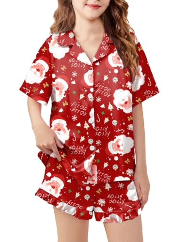 Image of Arshiner Girls Pajamas Silk Satin Pajama Set Button Pjs Ruffle Sleepwear | 2 Piece Nightwear, Silky Soft Lounge for Little & Big Kids, Ideal for Sleeping and Sleepover Party