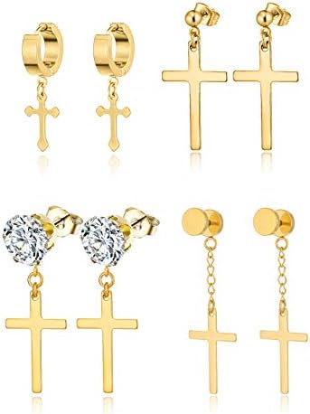 Ofeiyaa 4 Pairs Stainless Steel Cross Dangle Hinged Hoop Earrings Huggie Earrings Piercing CZ Stud for Men Women Gold Tone