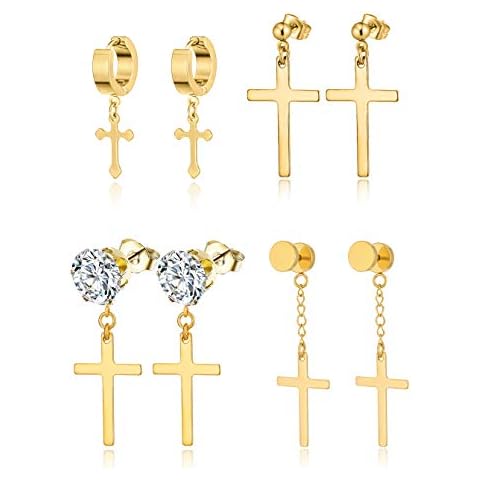 Ofeiyaa 4 Pairs Stainless Steel Dangle Hinged Hoop Earrings Huggie Earrings Piercing CZ Stud for Men Women Gold Tone Cover