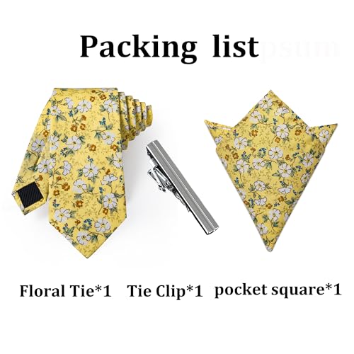 Image of YourTies Cotton Floral Tie for Men 2.5 inch Printed Skinny Necktie Pocket Square Tie Clip Set Flower Wedding Party Groom