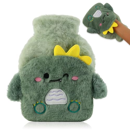 Lvjkes Bolsa agua caliente, 500ML Bolsa Peluche con Tapita, Extraíble para Limpieza, Prueba de Explosiones y Fugas, Apta para Niños y Adultos (Dinosaurios)