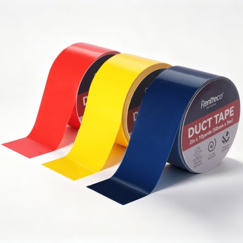Image of Reniteco 3 Pack Duct Tape, 2 in x 10 Yards Heavy Duty, High-Density Mesh - Clean Tear, No Residue, Waterproof, UV Resistant, for DIY, Color-Coding, Home & Outdoor (Red, Navy Blue, Yellow)