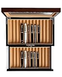 Besforu Wood Fountain Pen Case, 24 Slot Storage Organizer with Drawer, Glass Top Display Box for Collection