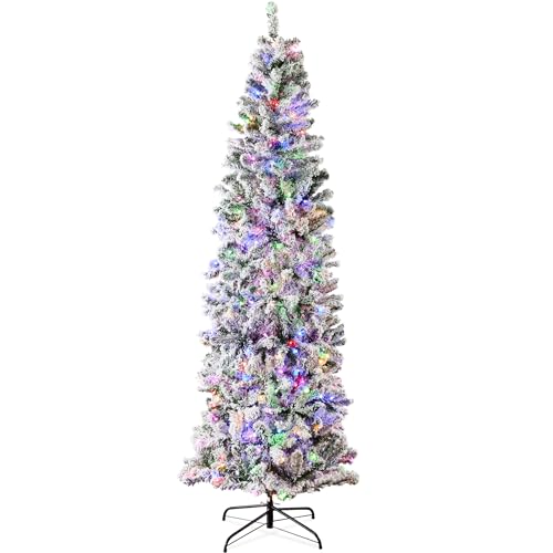 Best Choice Products Flocked Pencil Christmas Tree, Pre-Lit Slim 12ft Artificial Holiday Decoration, 2-in-1 White & Multicolor Lights, Lighted Decor