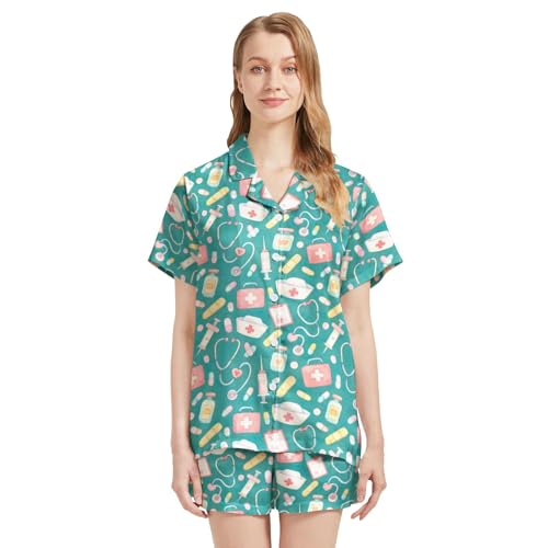 Image of Funny Pajamas for Women Set Print Satin Loungewear Pjs Short Sleeve Button Down Top and Shorts Sets Sleepwear XS-3XL