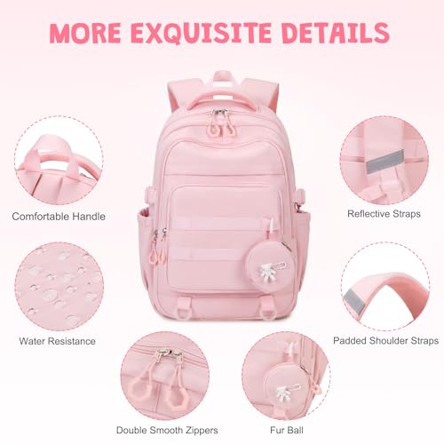 Backpacks for Girls - 4PCS Girls Backpack with Lunch Bag & Pencil Pouch Coin Pruse for Teens Kids Elementary Middle High School College Student Bookbag Daypack (Pink)4