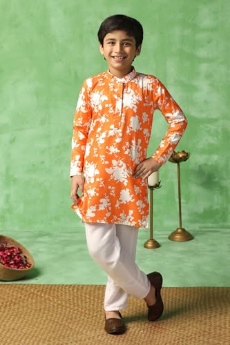 Image of Fashion Dream Boy's Cotton Blend Printed Kurta Pyjama And Jacket Set|Kurta And Payjama Set