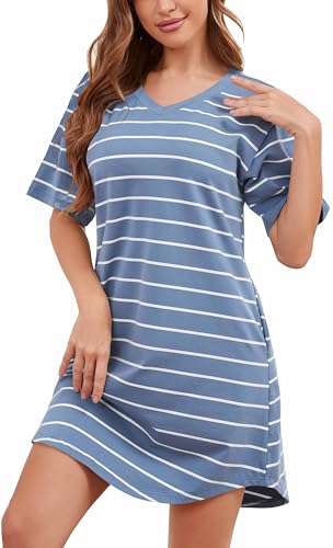 WUWUSKY Damen Kurzarm-Nachtkleid aus 95% Baumwolle | Streifen Schlafshirt Negligée mit 2 Taschen | Bequeme Kurzarm-Nachtwäsche,Light Blue,XXL