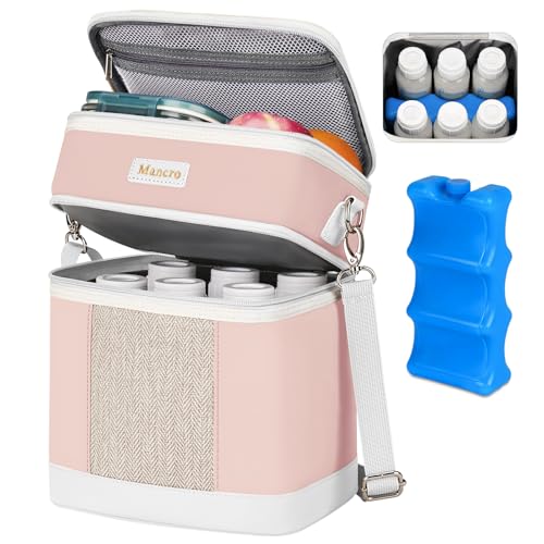 Image of Mancro Breast Milk Cooler Travel Bag with Ice Pack, Double Layer Baby Bottle Cooler Bag Fits 6 Bottles Up to 9 Ounces,Insulated Bottle Bags for Daycare & Travel,Pink