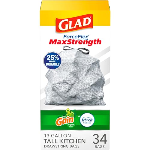 Glad Tall Kitchen Trash Bags 13 Gallon, Gain Original Garbage Bags, Odorshield with Drawstring, 34 Count