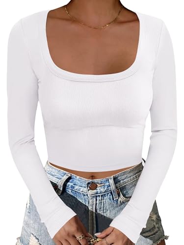 ANRABESS Women's Long Sleeve Square Neck Crop Top Ribbed Slim Fitted Basic Tee Layer Y2K Shirts Fall Fashion Outfits 2025 White Medium