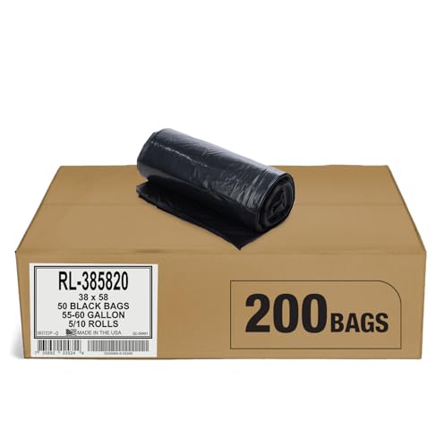 Image of Aluf Plastics Heavy Duty 55 Gallon Trash Bags - (Large 200 Pack /w Ties) - 2 MIL Industrial Strength Plastic Drum Liners 38' x 58' Professional Black Garbage Bags for Construction, Contractors