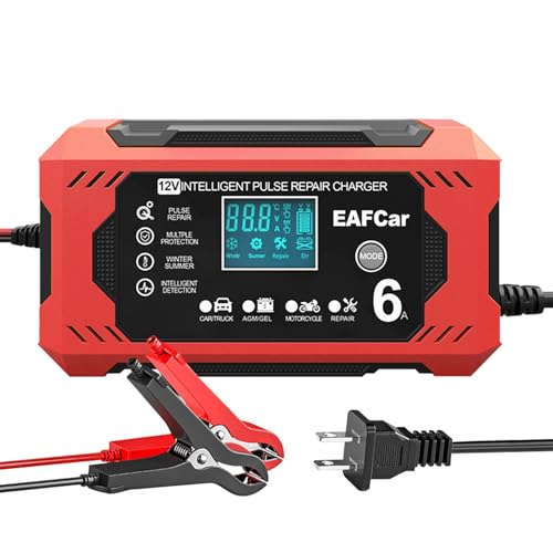 EAFCar 6-Amp Battery Charger, 12V Trickle Charger Car Battery Charger, Smart Automatic Lead Acid Charging with Temperature Compensation for Car Truck Lawn Mower Boat Marine(6A)