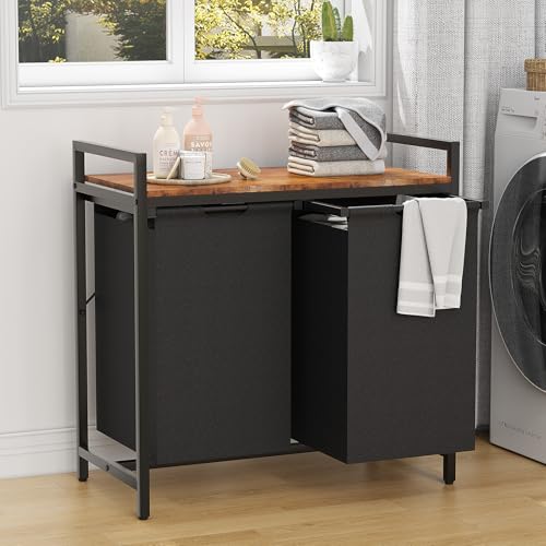 LOOBOV Wäschekorb 2 Fächer, 2 x 50 L Wäschesammler mit Ablage, Wäschesortierer, Waschesammelboxaus aus Oxford-Gewebe Abnehmbar, Metallrahmen,...