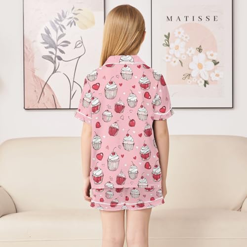 Pink Cherry Cupcake Prints Pattern Summer Satin Pajama Set, Cute Button-Down Sleepwear Pj Set for Sleep Wears4