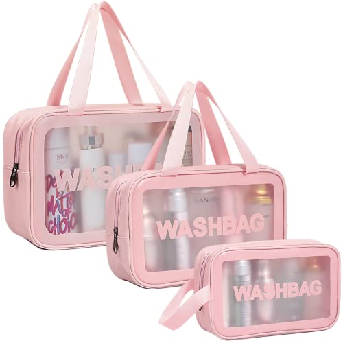 DAPOWER Travel Toiletry Bag for Women, Matte Translucent Shower Bag with Handy Handle, Makeup Cosmetic Organizer Bag for Travel Toiletries Accessories (Pink)
