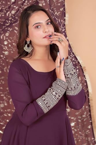 Image of ROYALICA Women's Georgette Gown Set with Solid Pattern Floor Length Round Neck Fit & Flare Full Sleeves Gown Pant and Embroidery Work Dupatta | Anarkali Gown Set for Women