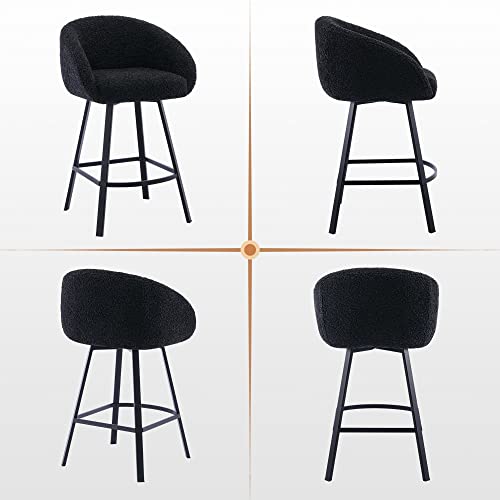 Zesthouse Upholstered Counter Height Bar Stools Set Of 2, 360 Free Swivel Counter Stools Chairs With Back, 26 Inches Modern Sherpa Kitchen Stools For Island, Black #TOP3