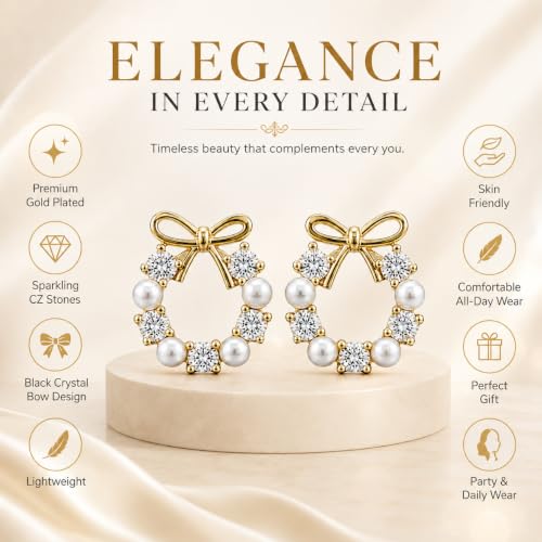 Image of Gold Bow Wreath Earrings with Pearls and Crystals, Stud Style, Elegant Holiday Theme