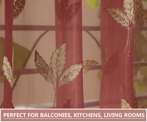Image of IVAZA Polyester Semi-Transparent Leaf Embroidered Curtain ? Sheer Voile Panel with Eyelets ? Lightweight & Airy ? Ideal for Living Room, Bedroom, Balcony Long Door- 9 Feet (Pack of 2) Pink