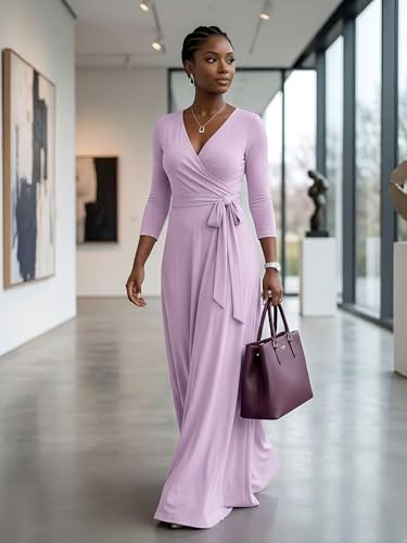 Image of PinkPatty Women's Plus Size Maxi Dresses Casual Flowy 3 /4 Sleeves Dress Printed Vacation Dress for Daily Wear with Belt