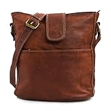 LEABAGS Nicola Damen Handtasche aus echtem Leder im Vintage Look I Umhängetasche I Ledertasche I Schultertasche I Braun I 23x6x24cm
