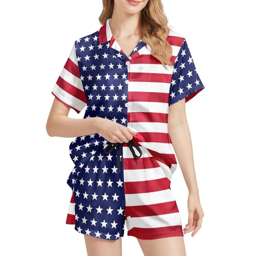 Image of Silk Satin Pajama Set for Women Summer Lounge Pjs Sets 2 Piece Suit Ladies Button Down Tops And Shorts Sleepwear
