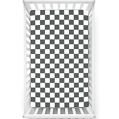 Checkered Themed Fitted Mini Crib Sheets,Portable Mini Crib Sheets Soft Toddler Mattress Sheet Fitted-Great for Boy or Girl Room or Nursery, 24“ x38“ White Grey