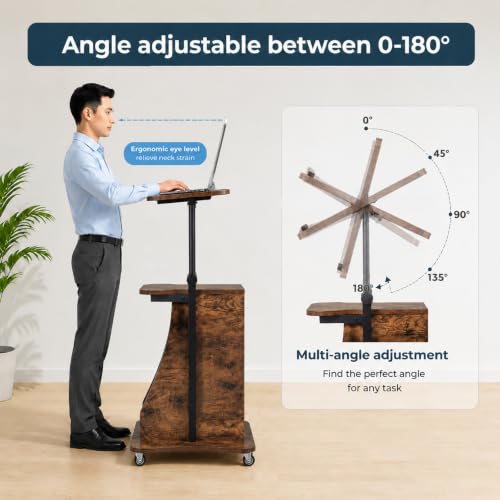 Image of POWERSTONE Sit to Stand Mobile Lectern Teacher Podium Stand Rustic Brown | Rolling Laptop Desk Cart with Storage Shelves, Casters, Swivel Top, Height Adjustable, for Classroom, Concert, Church