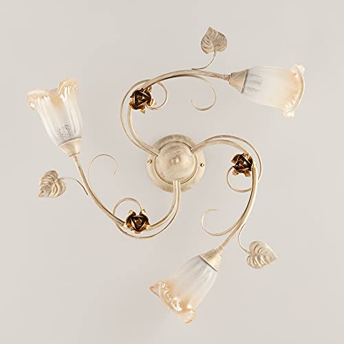 Plafoniera in ferro battuto classico avorio e oro con vetri di murano ambra 3 luci, plafoniera camera da letto, plafoniera da soffitto bon-11