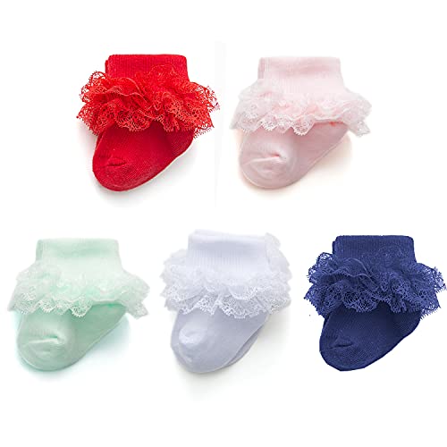 Image of Epeius Baby-Girls Eyelet Turn Cuff Ruffle Lace Socks Triple Lace Dressy Socks Newborn /Infants /Toddlers 3 /5 Pairs