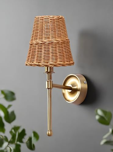 Image of AKWAY Antique Brass Finish Wall Lamps for Living Rooms with Bamboo Shade | Rattan and Cane Wall Lights for Bedroom | Wicker Wall scones - (Wicker Conical - Janya)