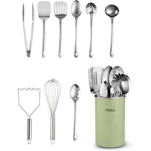 Kitchen Utensils Set - 10-Piece Stainless-Steel Cooking Utensils w/Spoons Whisk Spatula Tongs Ladle Masher & Cooking Utensils Holder - Kitchen Accessories Gadgets and Tools (Green)