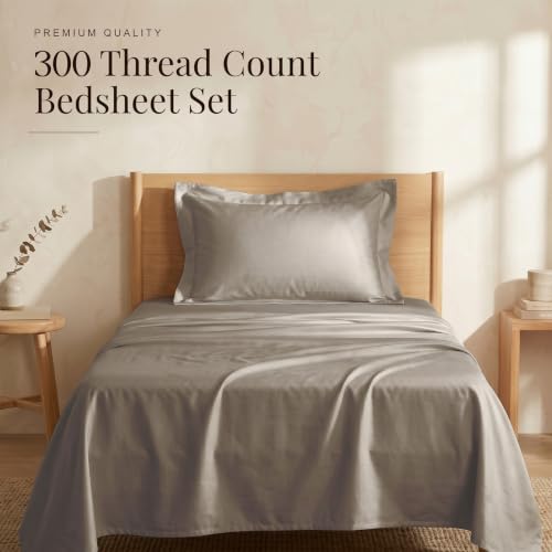 Image of Huesland Luxury 300 TC Pure Cotton Sateen Weave Single Bedsheet Set - Soft, Durable & Stylish | Vintage Khaki | 88 x 55 inches
