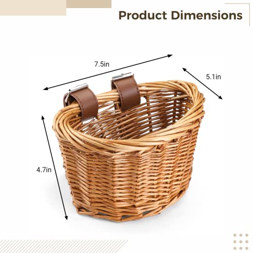 Kids Bike Basket with Adjustable PU Belts, Wicker Bike Baskets Handmade Woven Rattan Bike Basket Front Handle Children Bike Basket for Children Bicycle Accessories (Brown)