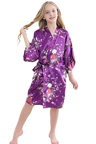 MORFORU Girls Kids Daffodils Silky Satin Kimono Robe for Wedding Spa Party, Short, Purple, 6