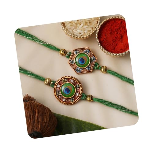 Image of eCraftIndia Unisex Adult Set Of 2 Peacock Feather Designer Rakhis For Brothers With Roli Chawal