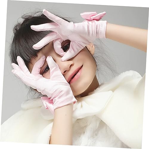 GALPADA Pink Lace Flower Girl Gloves Short Wrist Full Finger Bowknot Design for Weddings Baptism Easter Costume Prom Party Accessories2