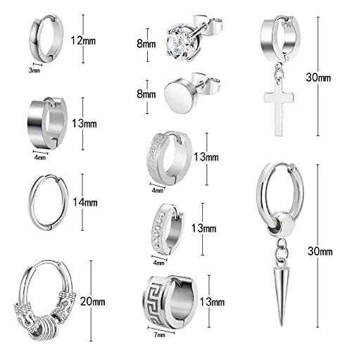Earrings For Men Women, Funtopia 11 Pairs Stainless Steel Small Hoop Earrings, Cross Dangle Earrings Set, Fashion Huggie Earrings Piercing Jewelry For Party Birthday, Silver #TOP4