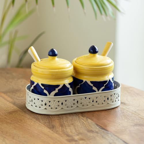 Image of ExclusiveLane 'Moroccan' Ceramic Pickle Jars For Dining Table Ceramic Container With Spoons & Iron Tray (Non Air-Tight, Set Of 2, 280 ml) Jars For Kitchen Storage Pickle Jar For Storage,Multicolor