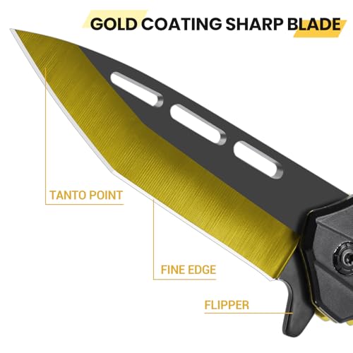 Image of FUNBRO Pocket Knife for Men, Cool Folding Knife with 3.4 inch Stainless Steel Sharp Blade, Flipper Open EDC Knives with Clip for Outdoor Camping Hiking, Gifts for Him Dad Husband (Gold)