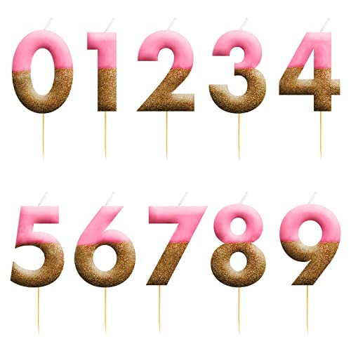 Velas cumpleaños de números del 0 al 9 para usarse en decoración de la tarta de la fiesta, son de color rosa con dorado en glitter, mide 7cm de alto y trae un soporte para decorar la tarta. (Rosa-2) Cover