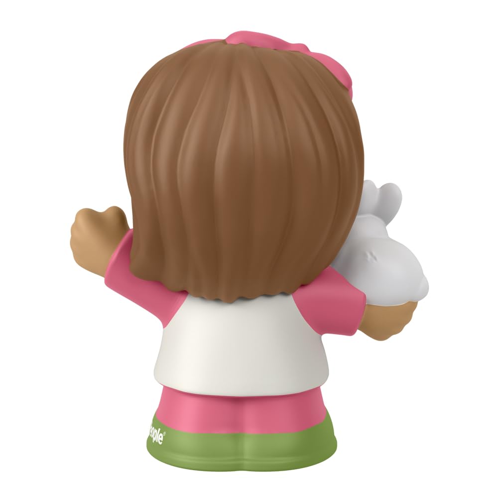 Little People Fisher-Price Figur für Kleinkind-Puppenhaus-Spielset HXC05 – Little Girl Mia Figur mit braunen Haaren und rosa Haarschleife – hält ein weißes Häschen Kaninchen