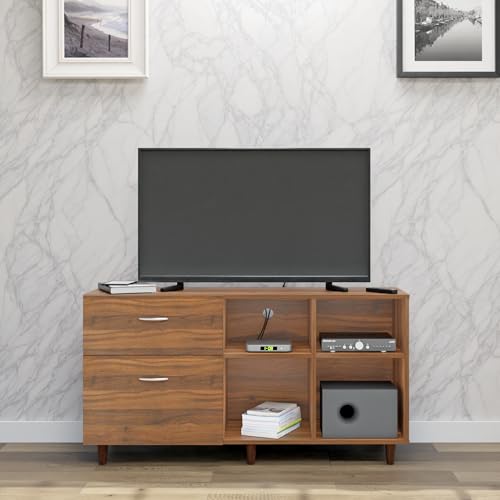 Image of VIKI Modern TV Unit for Living Room | Engineered Wood TV Cabinet with 2 Drawer Storage & 2 Open Shelves, Set Top Box Stand, Entertainment Unit, 140W x 74H x 40D cm | DIY | 1 Year Warranty (Walnut)